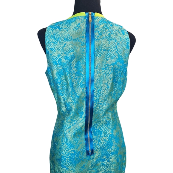 Elie Tahari Silk Blend Iridescent Teal and Green Sleeveless Sheath Dress Sz 10 - Picture 8 of 16